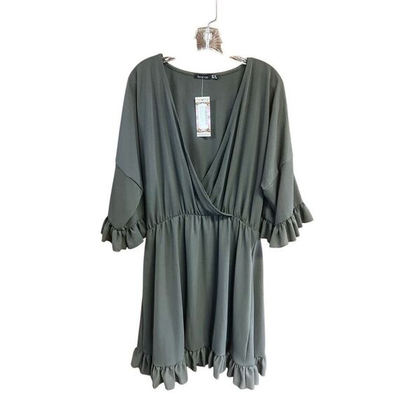 Boohoo Khaki Green Ruffle Sleeve Wrap Dress Sz 14 NWT - Picture 1 of 8